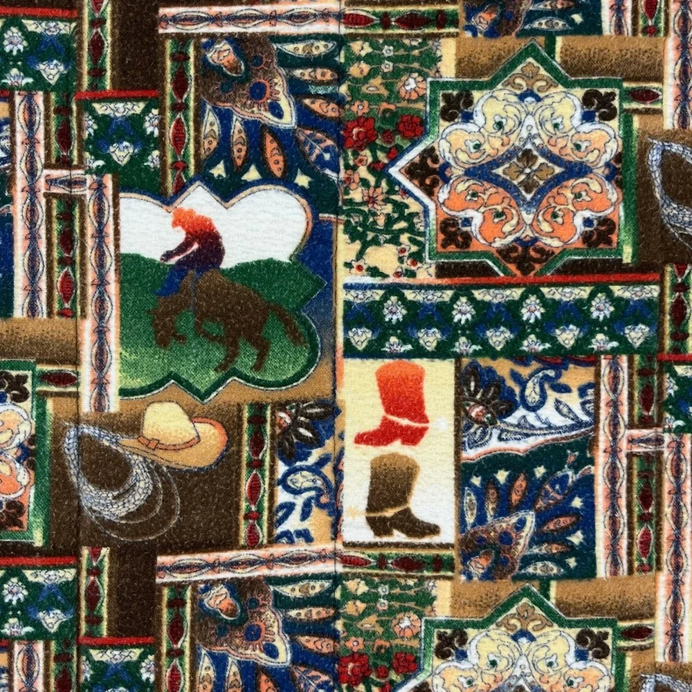 Vtg Handmade Western Flannel Blanket Horse Print Cowboy Boots Lasso Double Sided